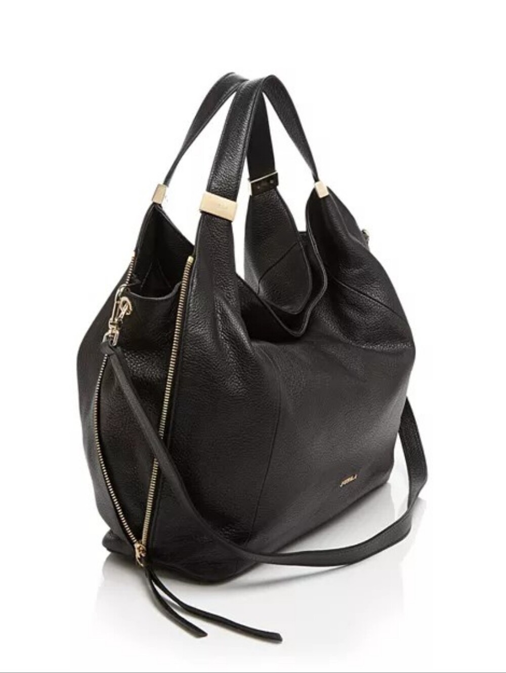 Furla Liz Daino Large Black Pebbled Leather Convertible Slouchy Hobo Bag Tote
